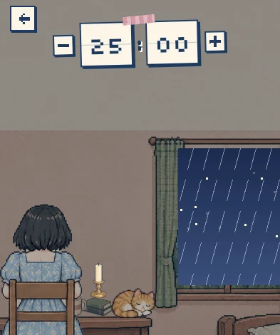 The focus screen in the app: a 25-minute timer, a rainy window at night, and the cat asleep beside the candle.